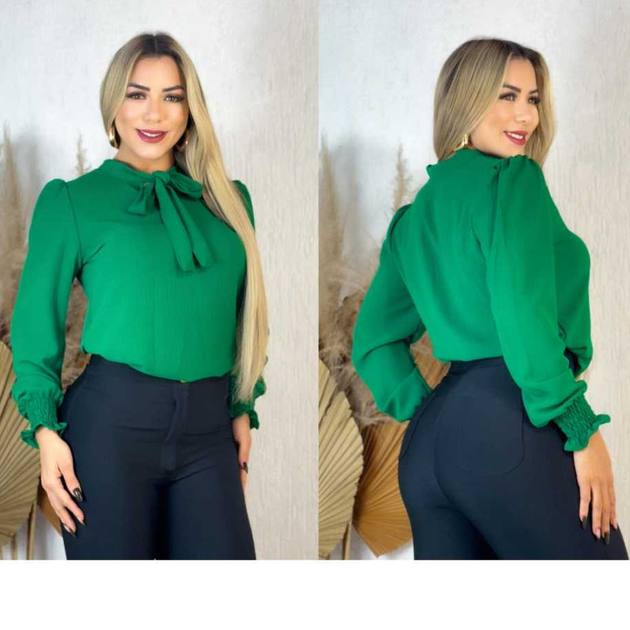 blusa social feminina manga longa gola laço tecido duna lisa elastex en manga