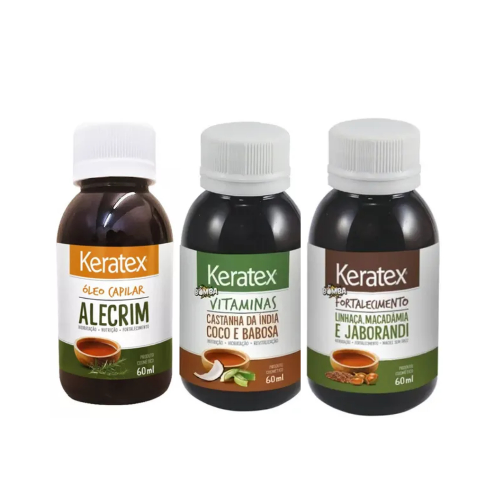 Óleo Capilar Alecrim Crescimento + Óleo Bomba Vitaminas  + Óleo Bomba Fortalecimento 60ml Keratex em Oferta na Shopee