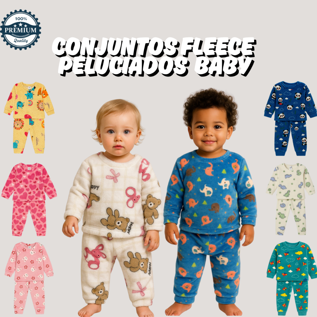 Conjunto Infantil Fleece Peluciado Blusa e Calça Quente para Menino e Menina Manga Longa Pijama Quentinho Confortável