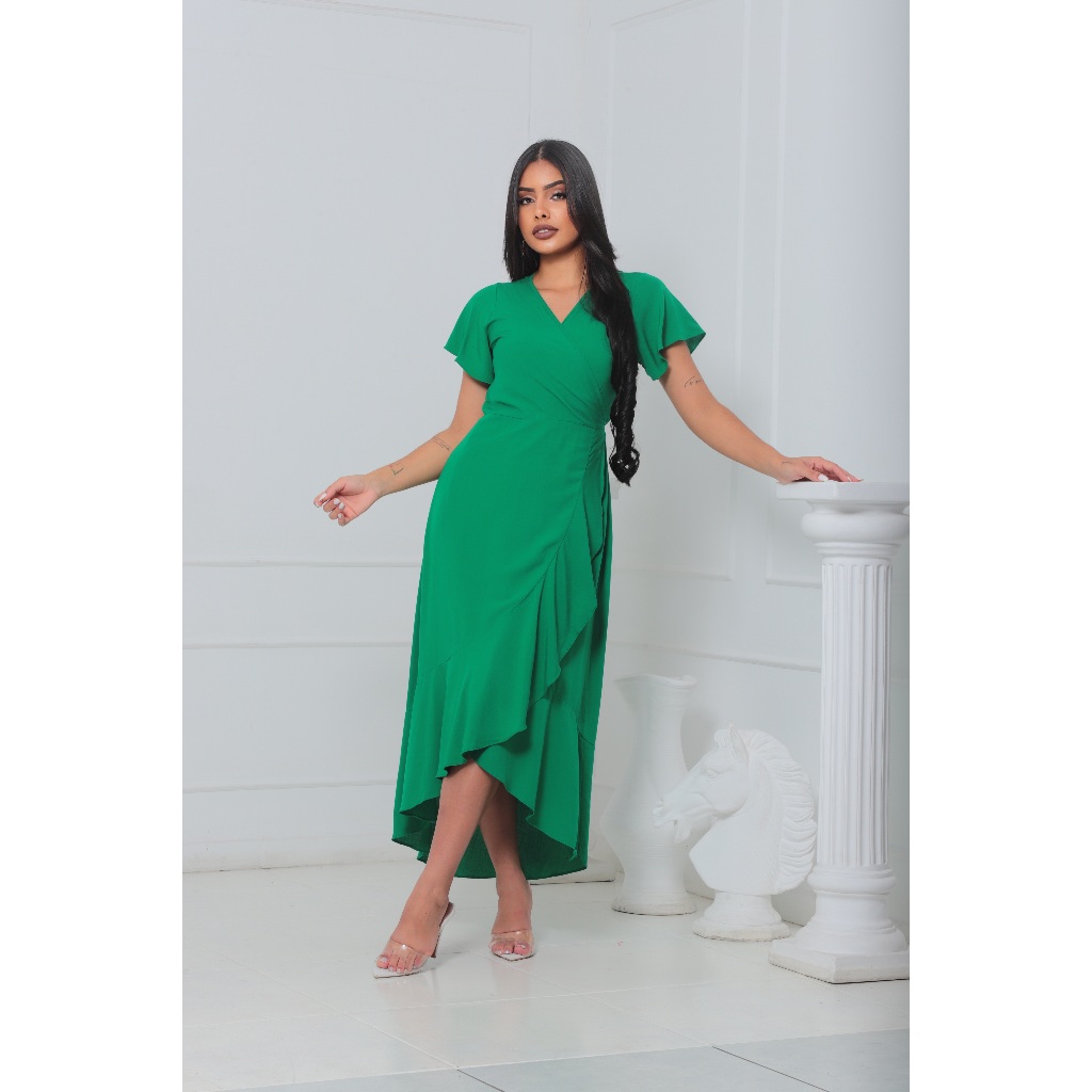 Vestido Envelope Midi Acinturado Viscolinho Premium de Amarração Fashion