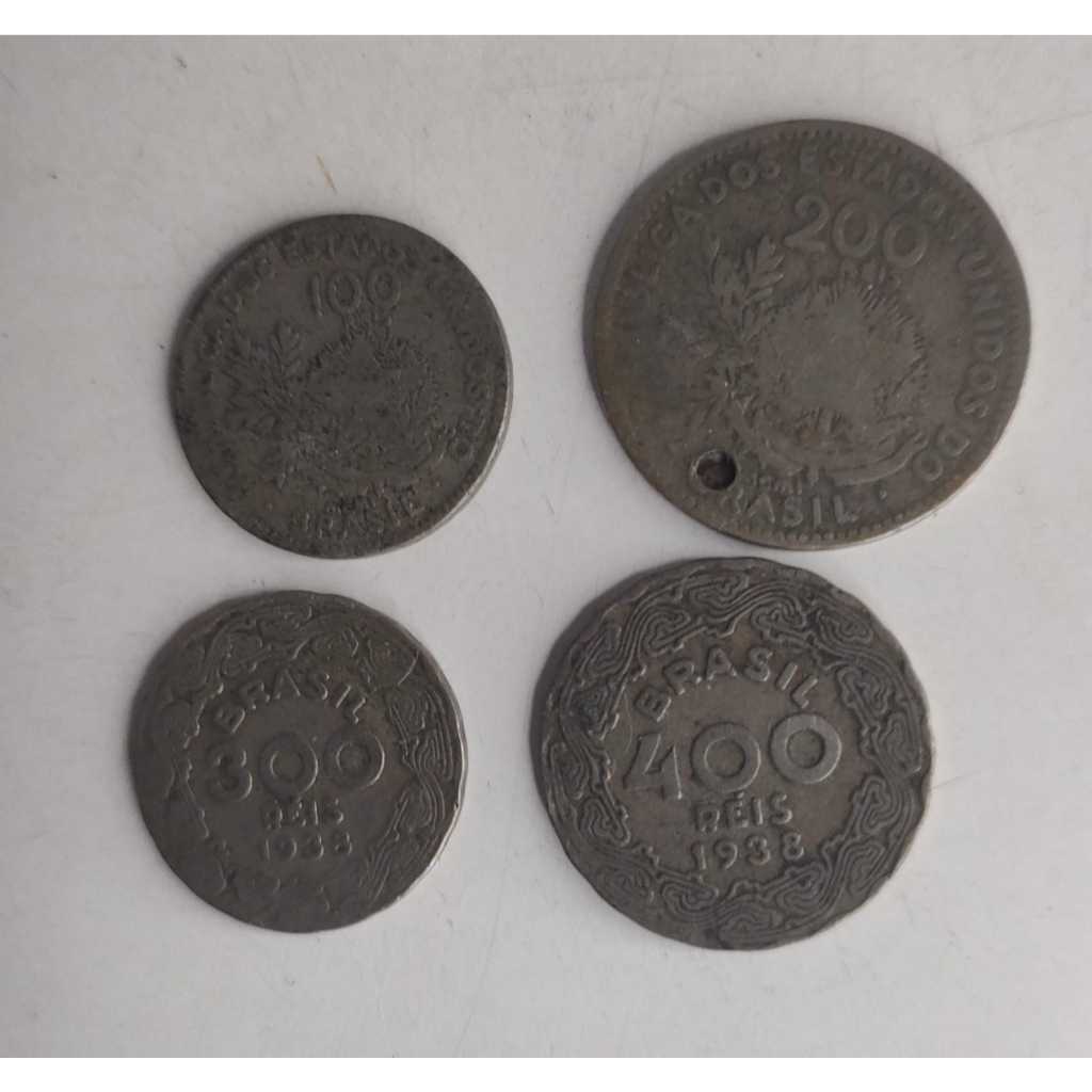 Lote/Kit com 4 Moedas Réis Antigos incluindo 100, 200, 300 e 400 Réis