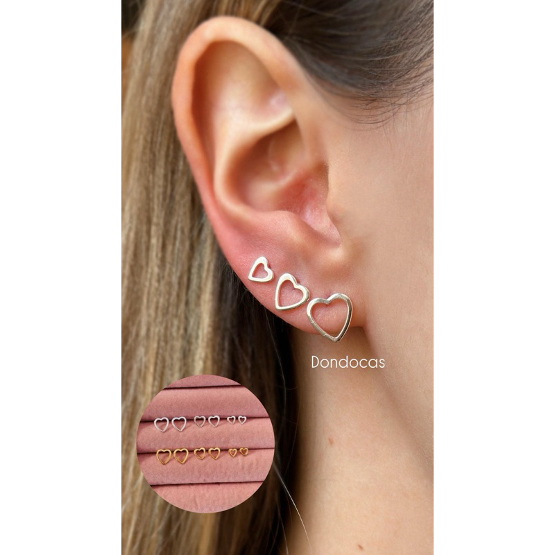 kit de trio de brincos  semi joia prata 925 e ouro 18k coração vazado