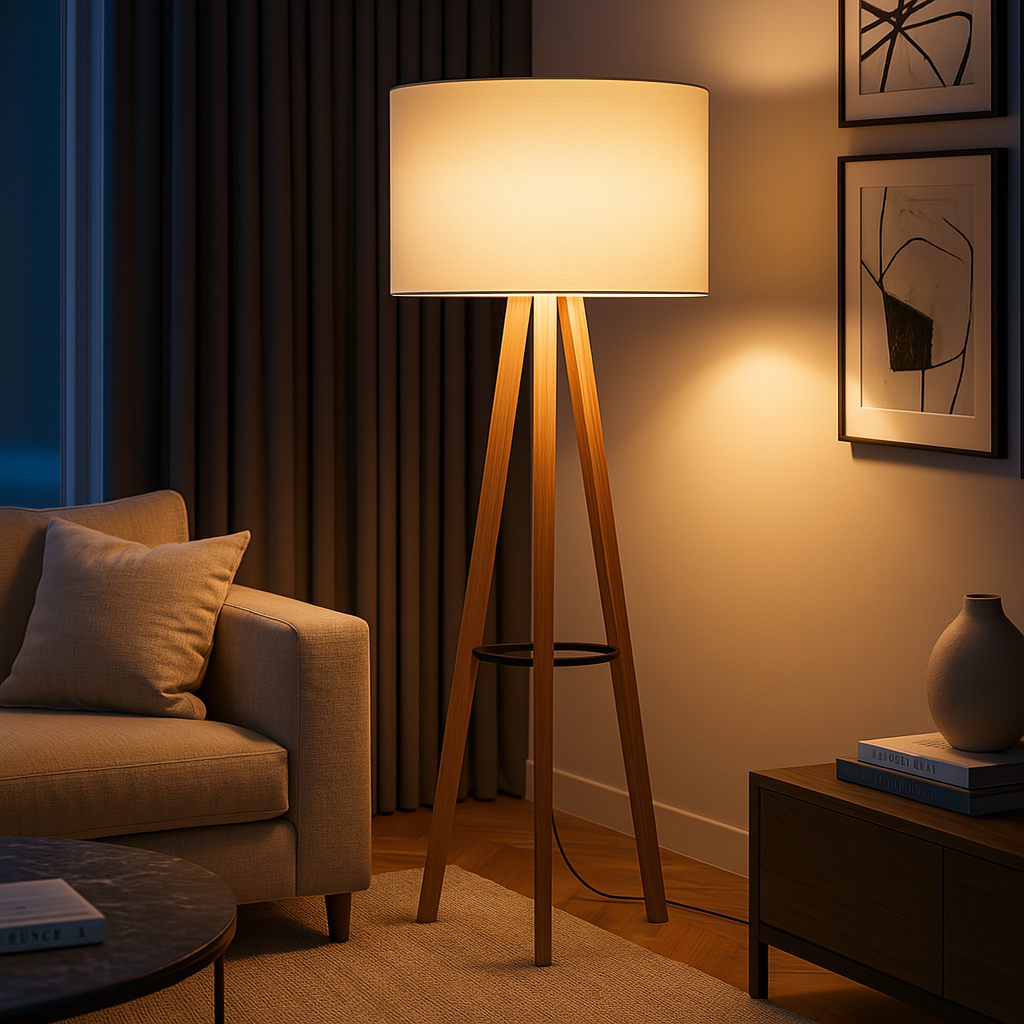 Luminária Alta de Chão Dubai – Design Tripé Madeira com Cúpula Off White em Oferta na Shopee