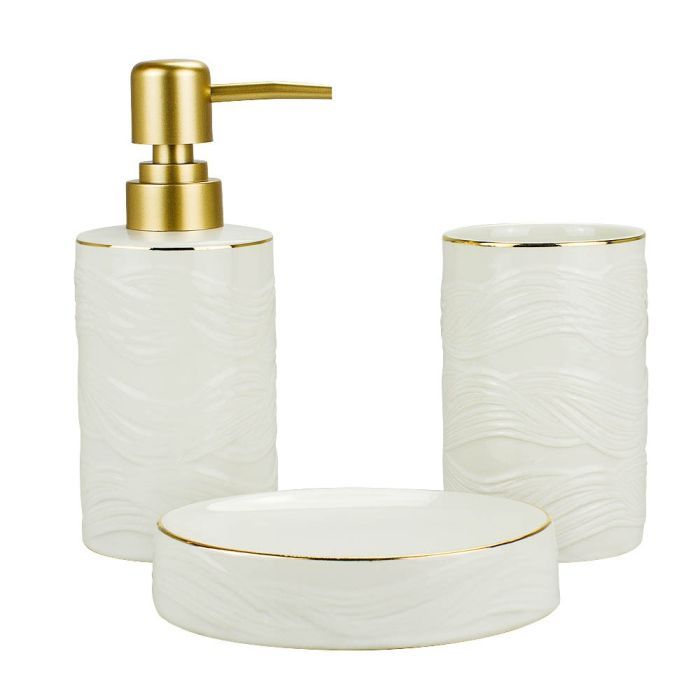 Kit Banheiro Porcelana Branco Com Dourado com 3 pecas - Porta sabonete + porta escova + saboneteira