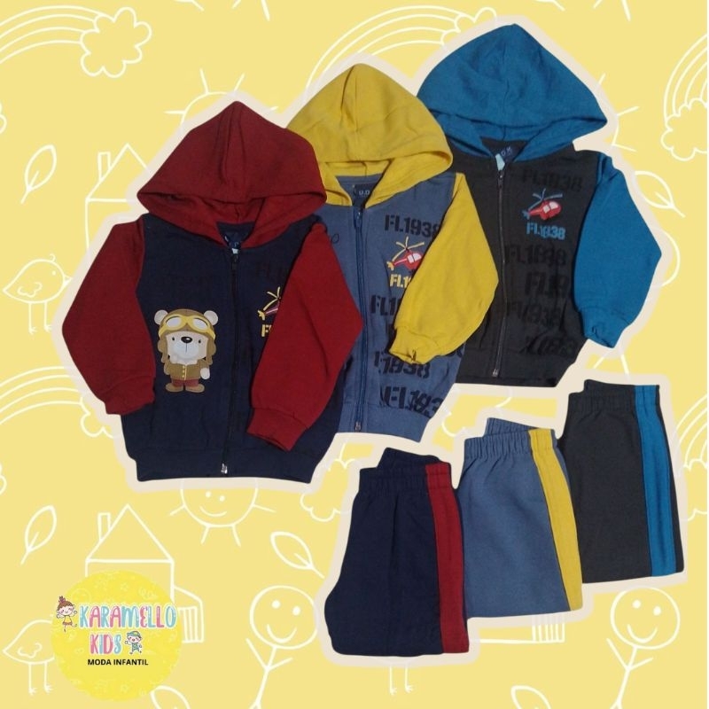 Conjunto moletom de calça com jaqueta com zíper e capuz e com punhos na calça e mas mangas da jaqueta.