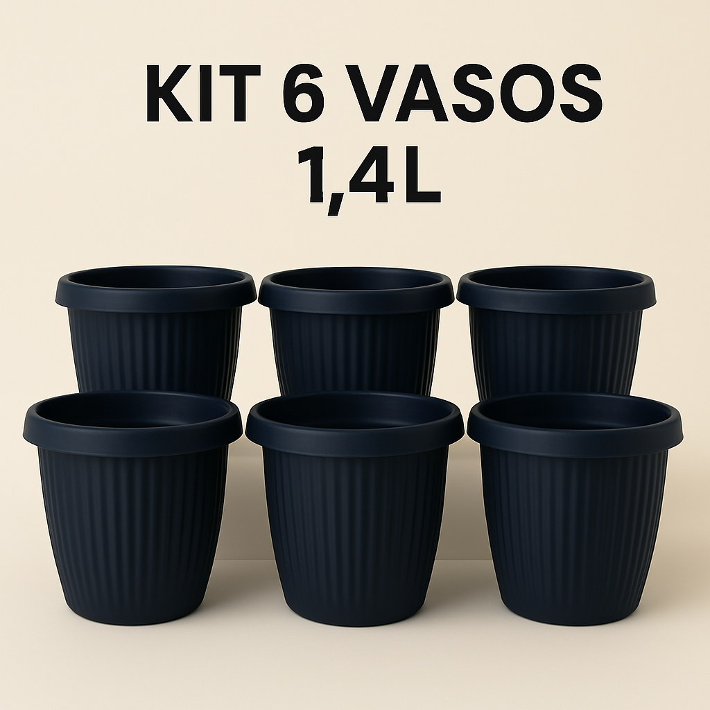KIT COM 6 Vasos de Plástico 1,4L Pequeno Moderno Decorativo para Plantas e Flores - Cinza Concreto | Preto