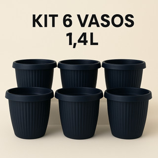 KIT COM 6 Vasos de Plástico 1,4L Pequeno Moderno Decorativo para Plantas e Flores - Cinza Concreto | Preto
