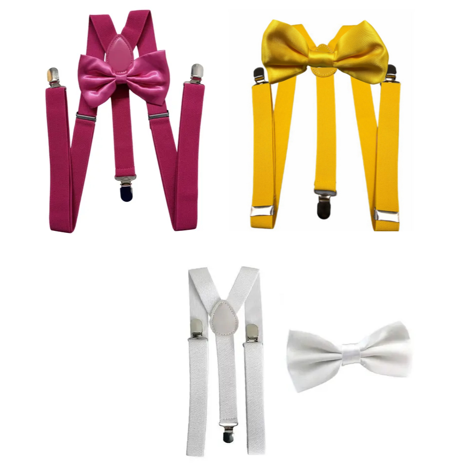Kit Suspensorio + Gravata Borboleta Adulto - Branco/Amarelo/Rosa Pink