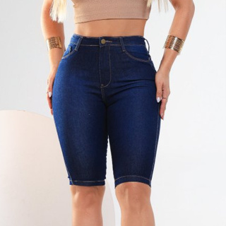 Bermuda Jeans Feminina Ciclista Cintura Alta Modelagem levanta bumbum acima do joelho com Lycra em Oferta na Shopee