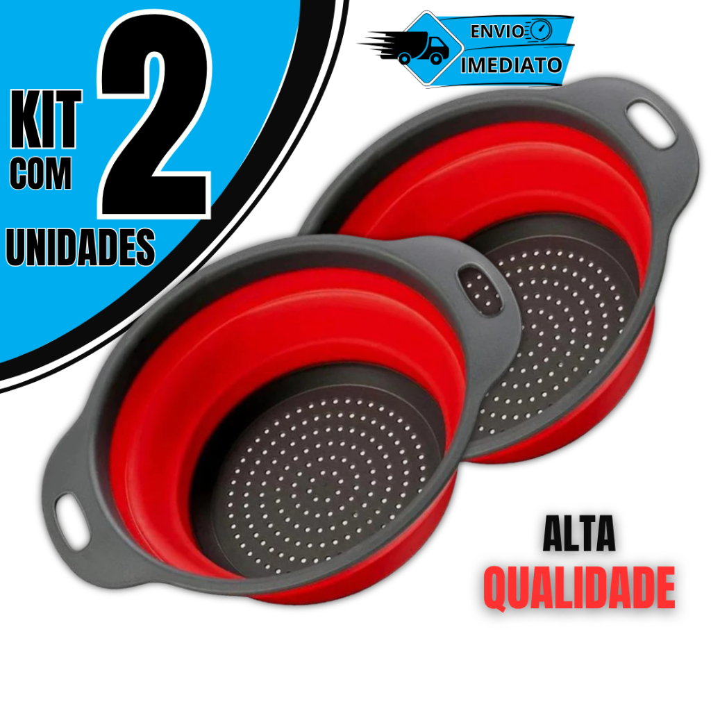 KIT 02 Escorredor Redondo Retrátil Dobrável Silicone Multiuso Verduras Frutas Arroz Macarrão Casa