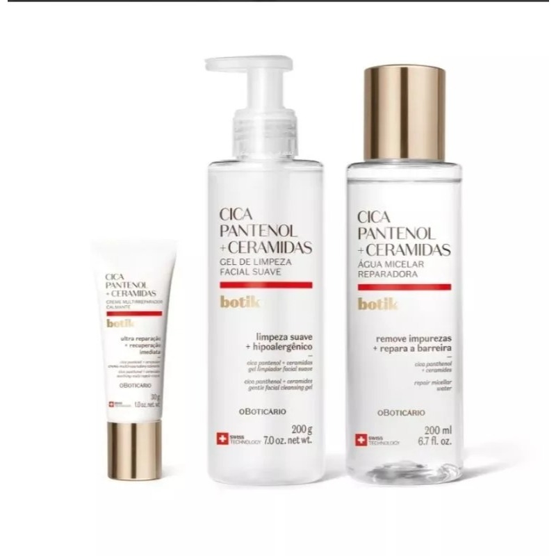 Combo Botik Cica Pantenol E Ceramidas:Gel de Limpeza Facial 200g +Água Micelar 200ml +Creme Facial Multirreparador 30g