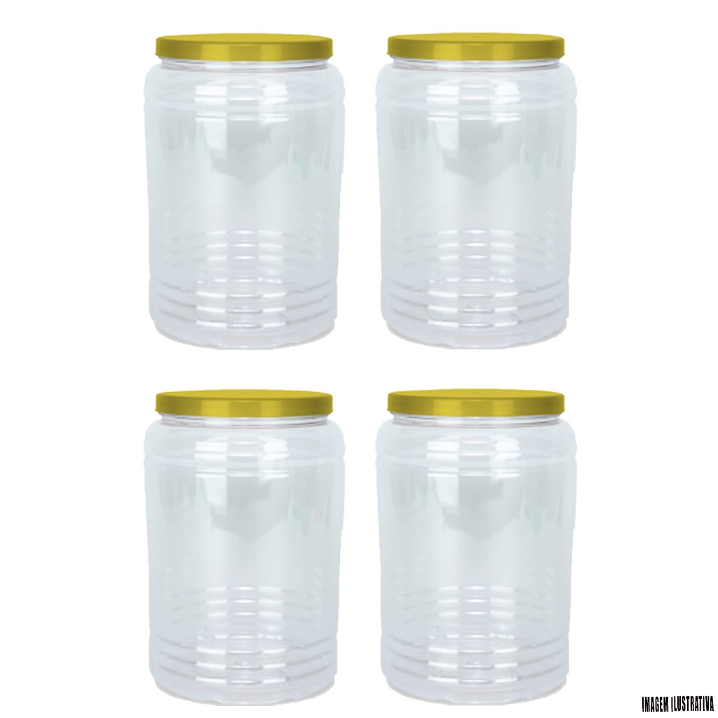 Kit com 4 Potes de plástico brilhante multiuso ideal para baleiro, porta doce, porta whey, utensílios e alimentos