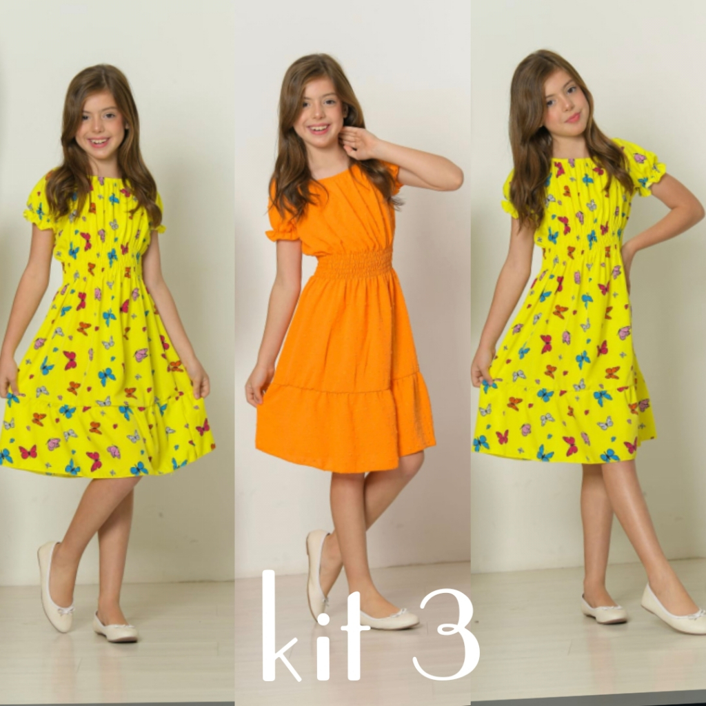 vestido infantil kits 3 peças roupa infantil menina vestido infantil menina conjunto infantil menina em Oferta na Shopee