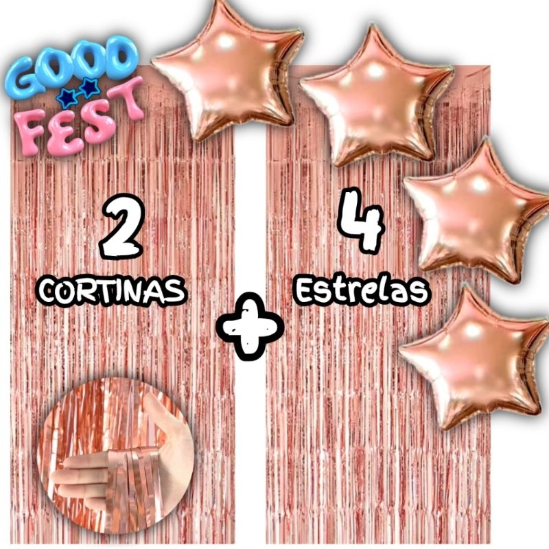 Kit 2 Cortinas Metalizada + 4 Balões Estrelas,11Cores Kit Decoração, Festa, Comemoração, Adereços, Surpresas, Eventos em Oferta na Shopee
