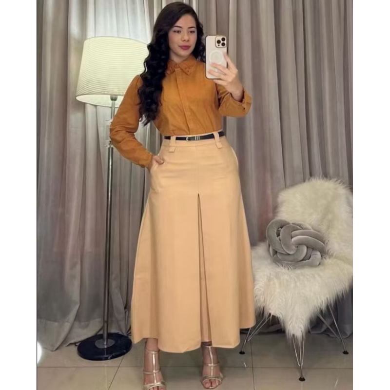 Saia Longa Alfaiataria Fit e Flare Feminina Moda Evangélica Cintura Alta Fenda Fechada em Oferta na Shopee