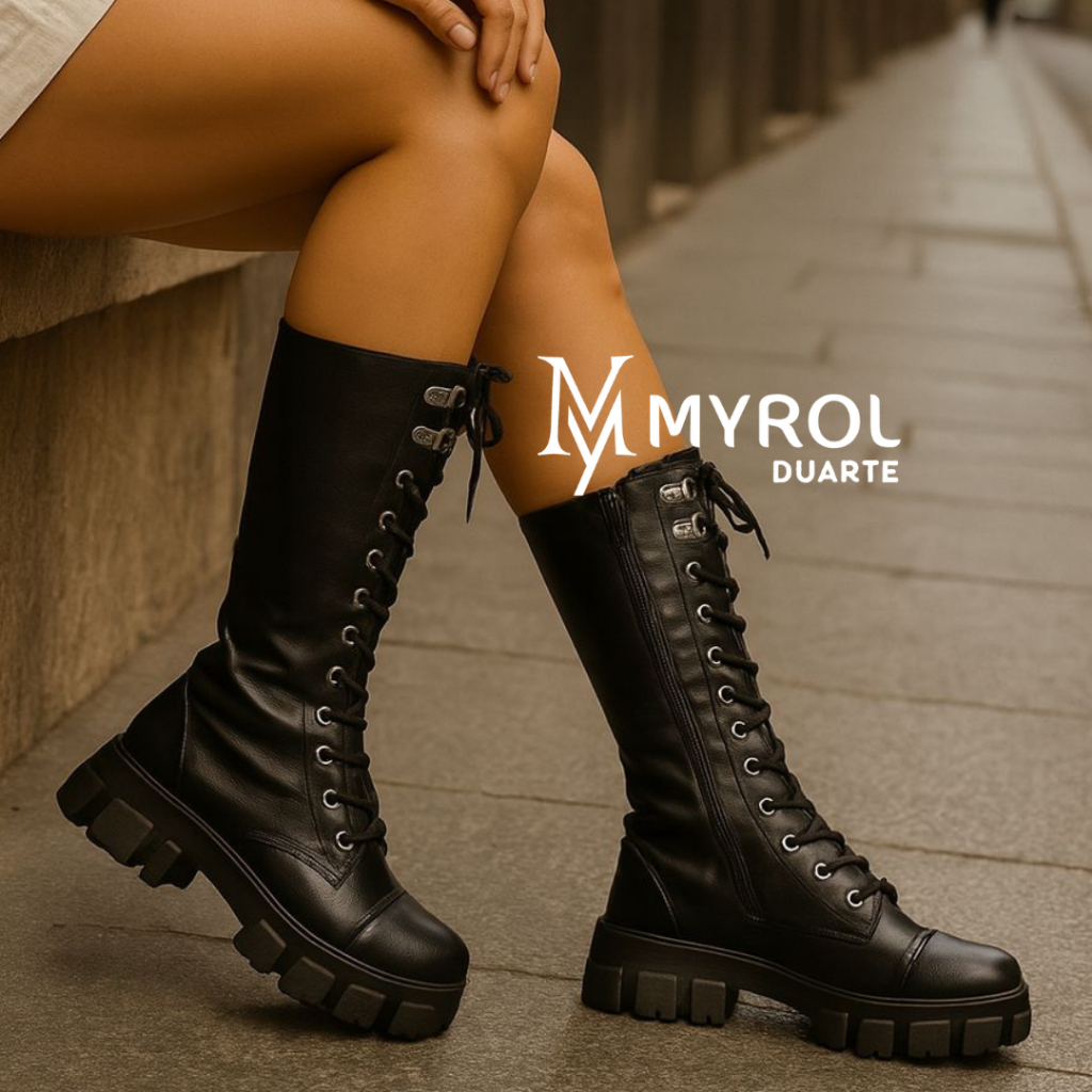 Bota Tratorada Coturno Cano Longo/Alto Zíper Lateral Blogueiras