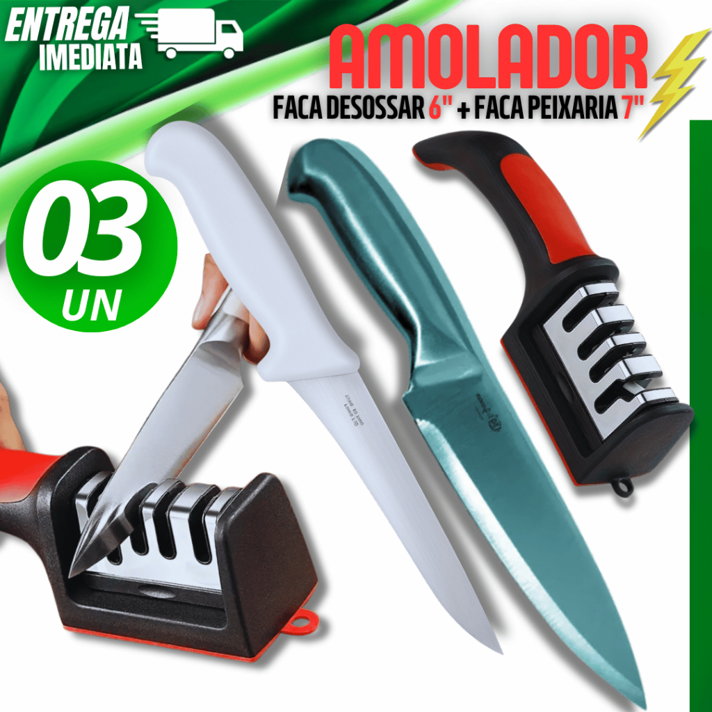 Conjunto Jogo Kit 03 Unidades  Faca Desossar Faca Peixaria Amolador Afiador Linha Premium Resistente