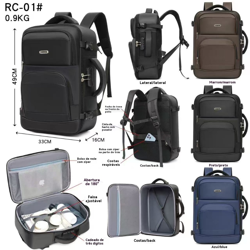 Mochila reforçada - Mochila Antifurto Premium para Viagens: Bolso Oculto + Abertura 180° RC-01/02