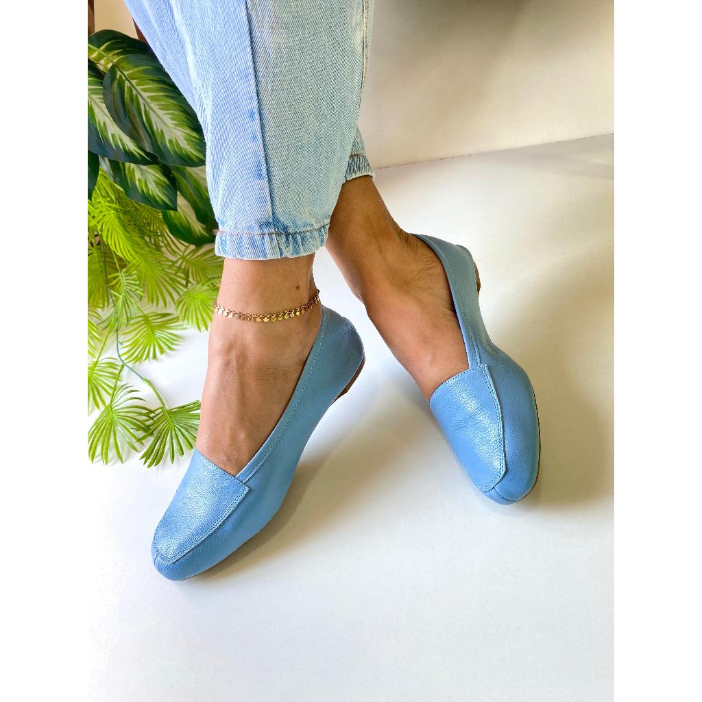 Mocassim Feminino Azul Couro Legítimo Confort Luxo Sapatilha Azul Sapatilha Bico Quadrado Marca Nilza Camargos