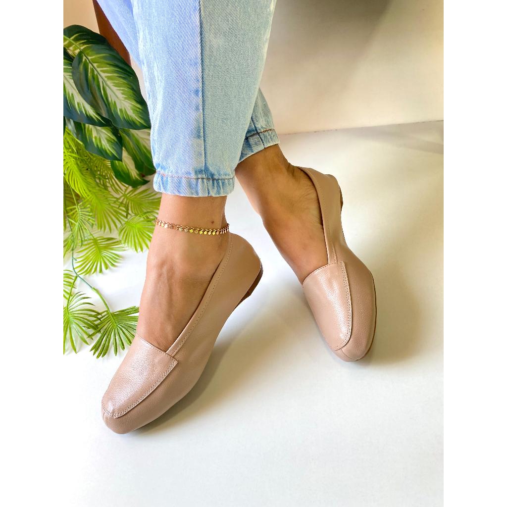 Mocassim Feminino Nude Couro Legítimo Confort Sapatilha Bico Quadrado Luxo Nilza Camargos