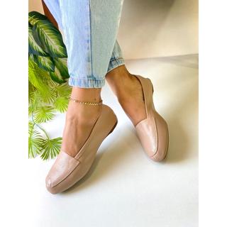 Mocassim Feminino Nude Couro Legítimo Confort Sapatilha Bico Quadrado Luxo Nilza Camargos
