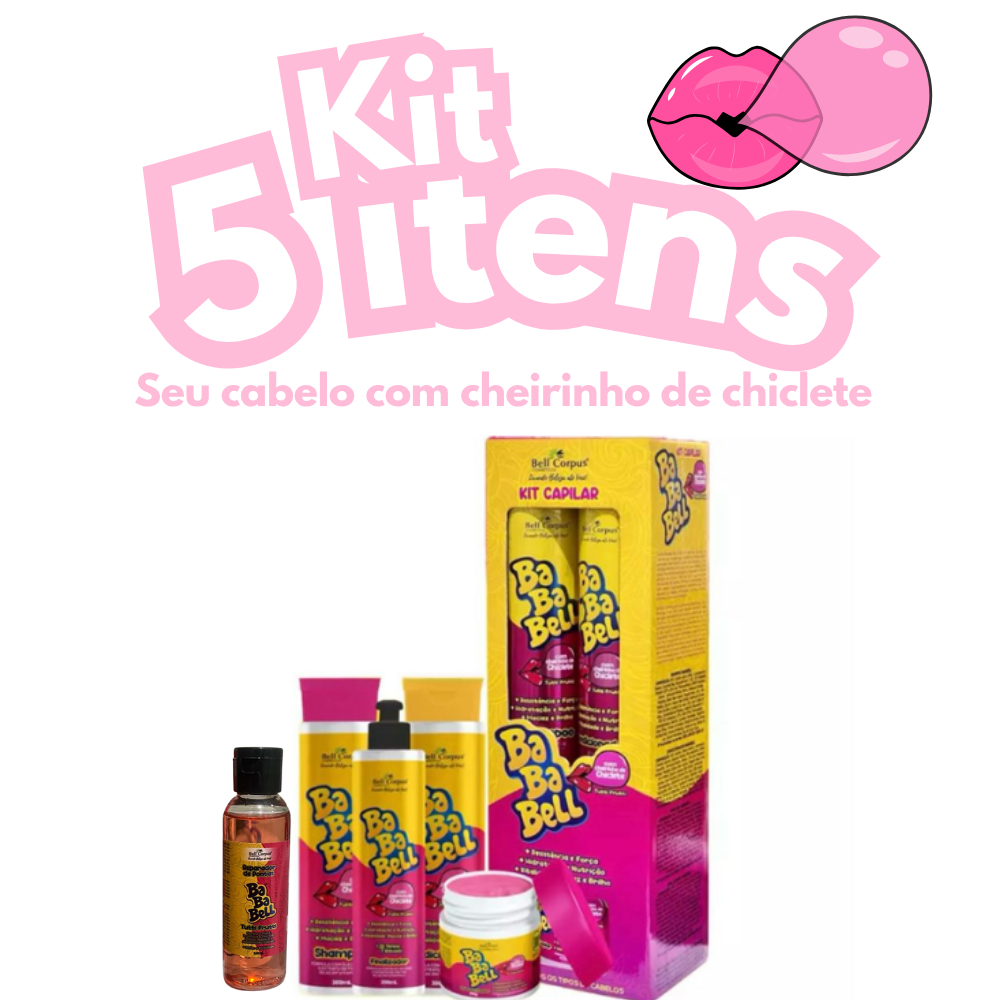 Kit Capilar Bababell 5 itens com Reparador de Pontas Brilho, Hidratação e Cheiro Delicioso de Chiclete