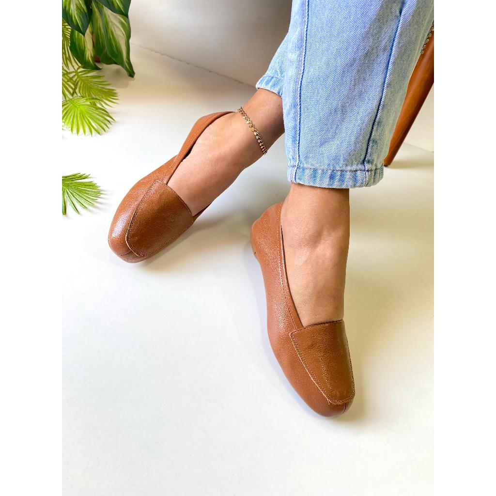 Mocassim Feminino Caramelo Couro Legítimo Confort Sapatilha Caramelo Sapatilha Bico Quadrado Nilza Camargos