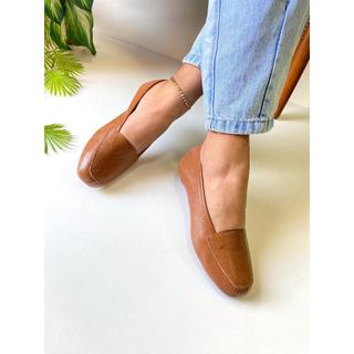 Mocassim Feminino Caramelo Couro Legítimo Confort Sapatilha Caramelo Sapatilha Bico Quadrado Nilza Camargos
