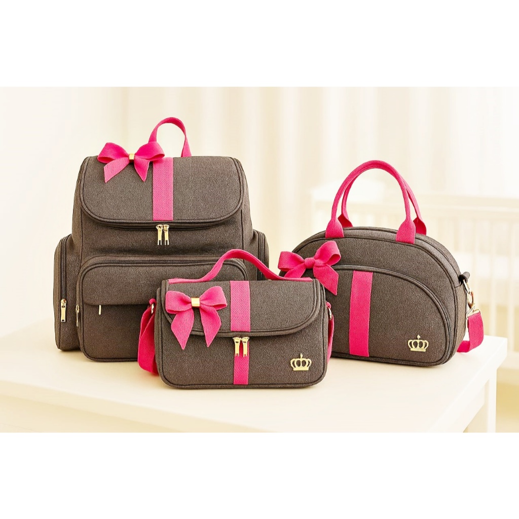 kit Bolsa Maternidade Bebe Mochila Luxo Preta/Pink 3 Bolsas Laço