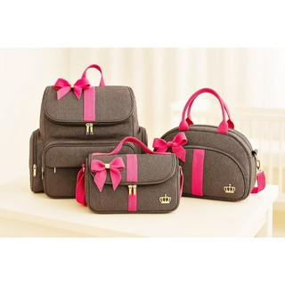 kit Bolsa Maternidade Bebe Mochila Luxo Preta/Pink 3 Bolsas Laço