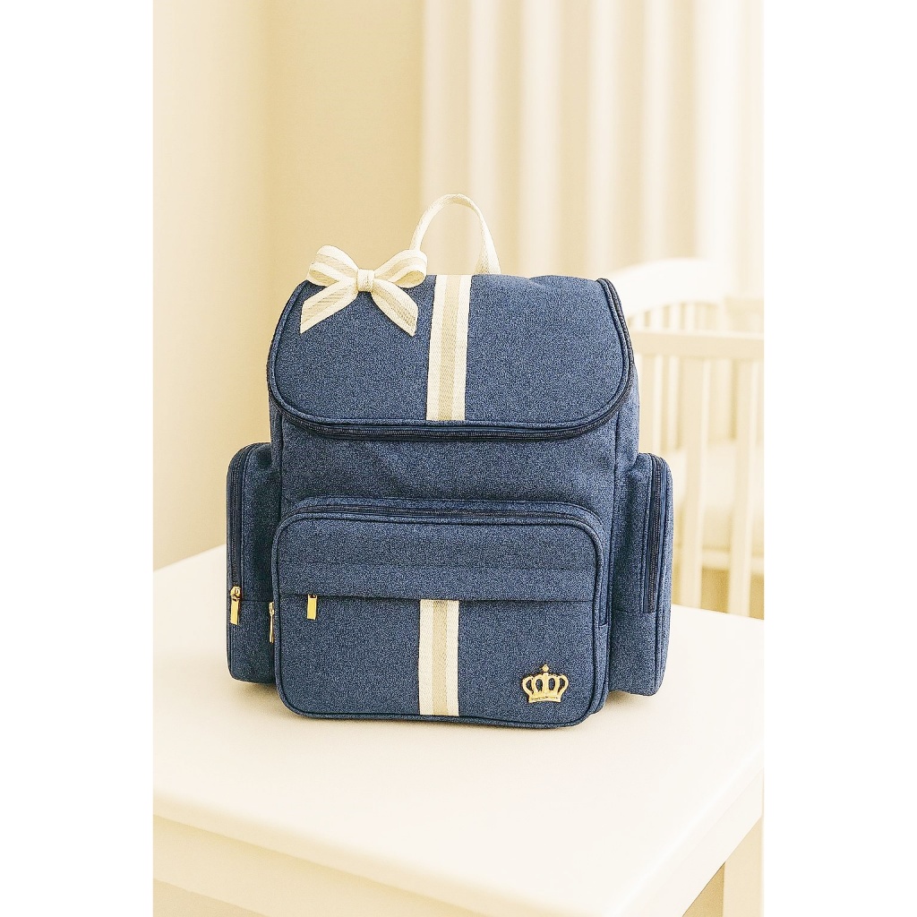 Mochila Bebe Maternidade G Luxo Azul / Bege Menino Laço