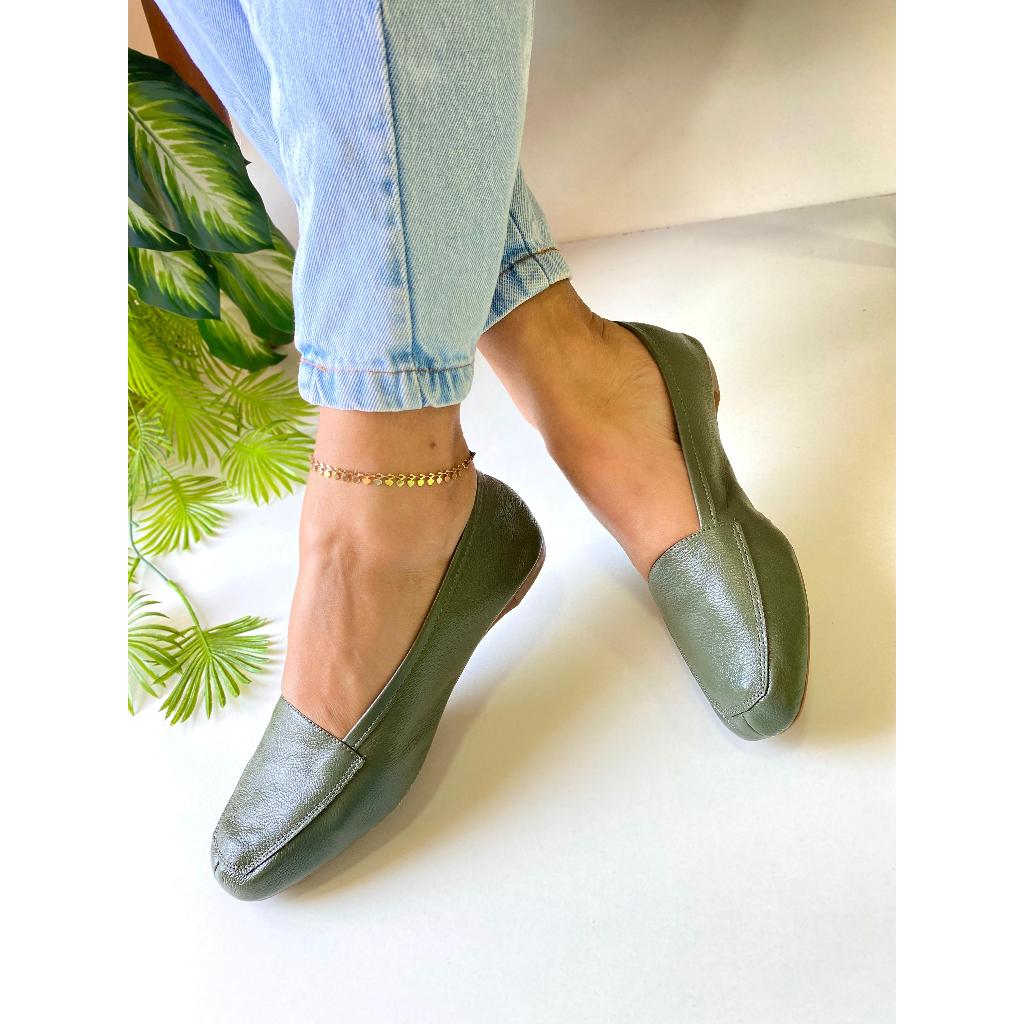 MOCASSIM FEMININO VERDE MILITAR COURO LEGÍTIMO SAPATILHA BICO QUADRADO SAPATILHA VERDE em Oferta na Shopee