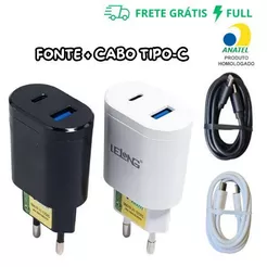 CARREGADOR TURBO FONTE DUAS SAÍDAS (USB-A E TIPO-C) + CABO TIPO-C PRETO OU BRANCO LELONG 5.1A