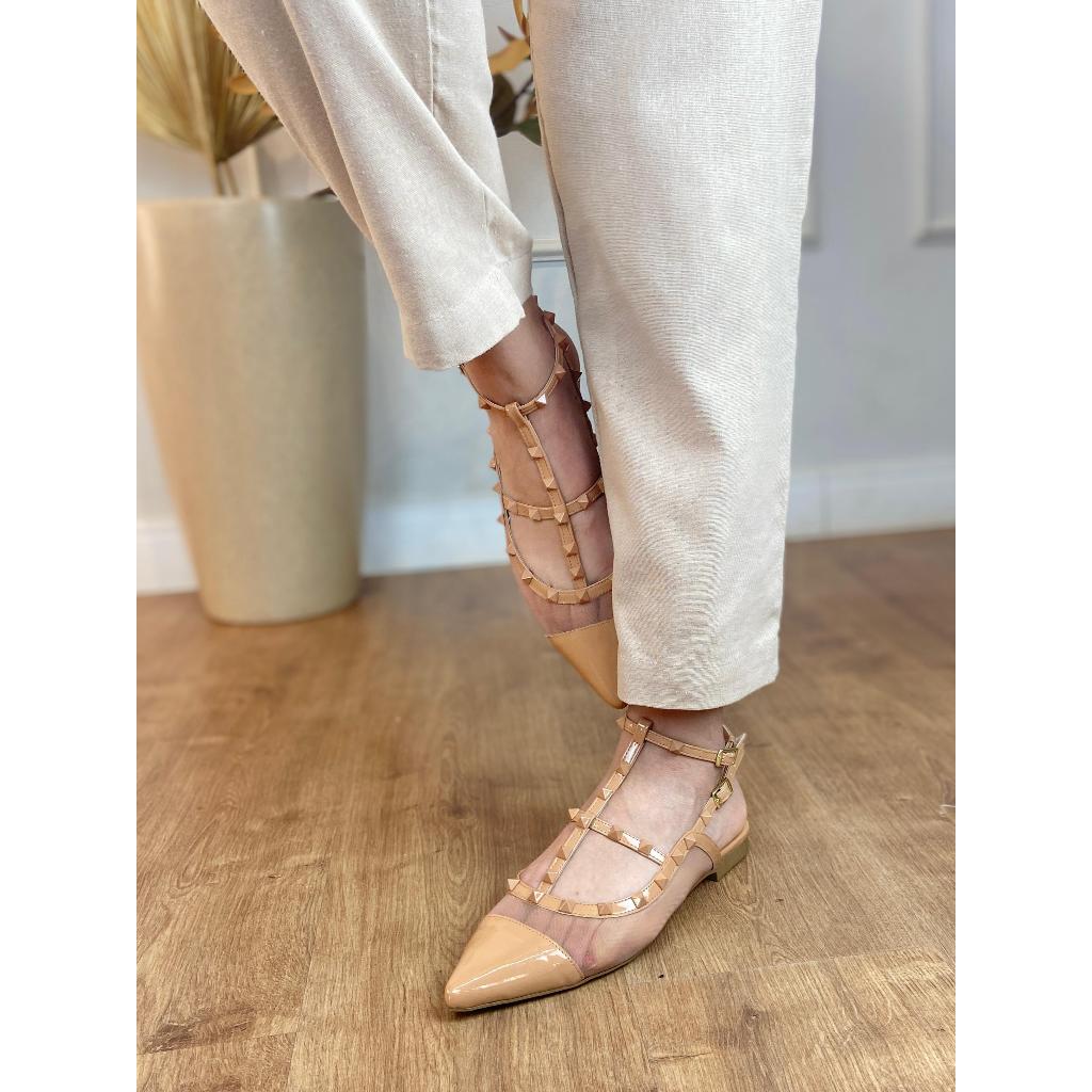 ANGELA GALVAO Sapato Sapatilha Moda Feminina com Tela Transparente e Pirâmides Inverno