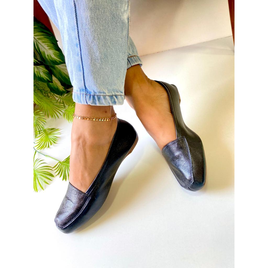 Mocassim Feminino Preto Couro Legítimo Confort Sapatilha Bico Quadrado Sapatilha Preta