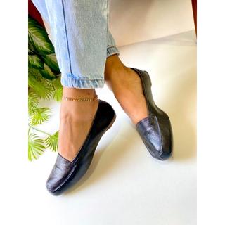 Mocassim Feminino Preto Couro Legítimo Confort Sapatilha Bico Quadrado Sapatilha Preta
