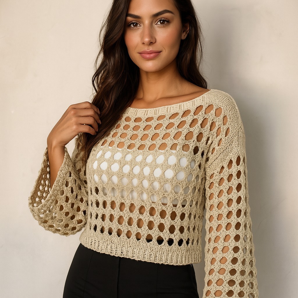 Blusa Tricô Crochê Premium Inverno Manga Longa Cropped Feminina Estilo e Conforto