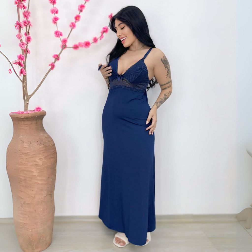 Camisola Amamentação LONGA Luxo com Detalhe em Renda em Microfibra e Abertura em Click. em Oferta na Shopee