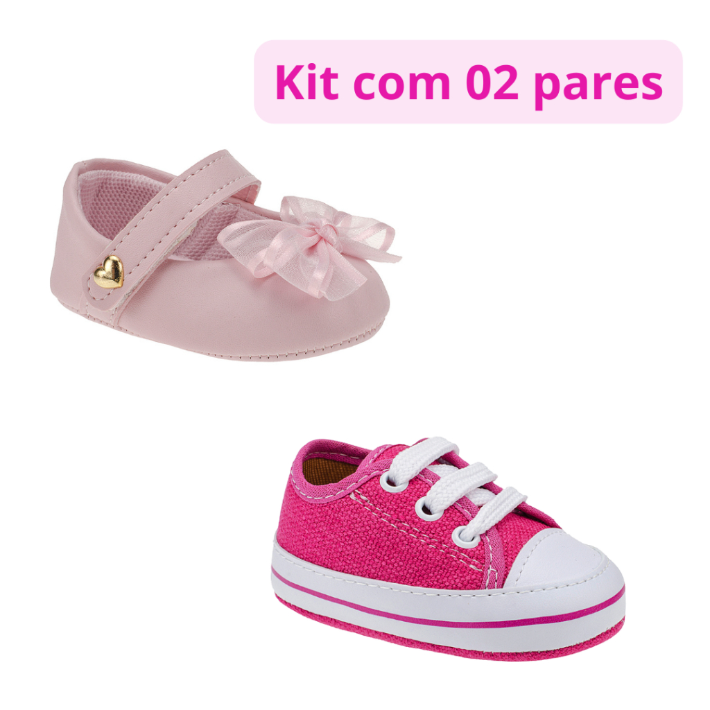 Sapatinho bebê menina kit com 02 pares de sapatilha e tênis super macio