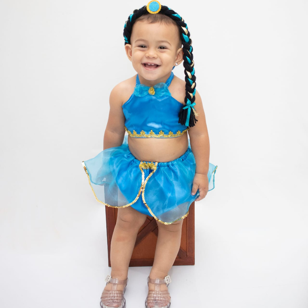 Fantasia Jasmine bebê Azul com faixa meia, top e saia (sem trança) – ideal para aniversários e tema Aladdin