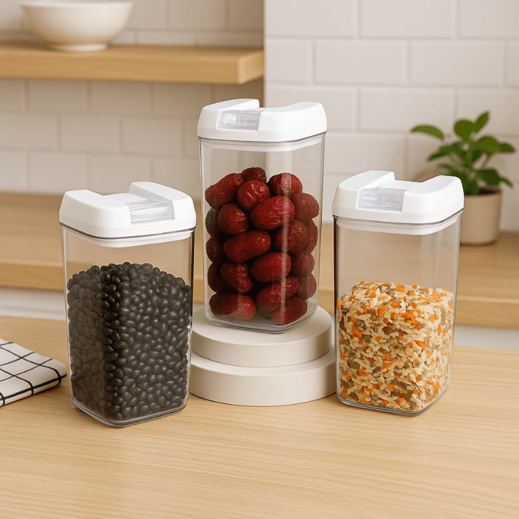 Kit 3 Potes De Plástico Hermeticos 1,2L Transparente Multiuso 1200ml Porta Mantimentos Tampa Branca Compacto Organizador
