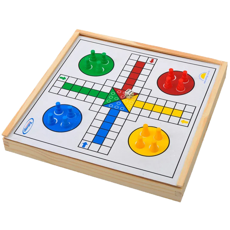 Jogo de Ludo e Trilha 2 em 1 em Madeira com Estojo – Tabuleiro Dupla Face