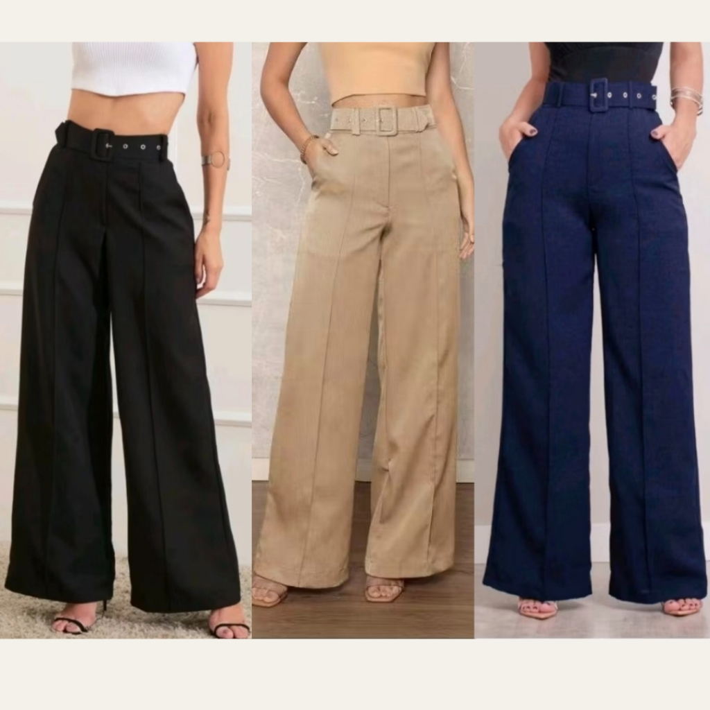 Calça Feminina Social Pantalona com cinto e bolso em alfaiateria Luxo Elegante em Oferta na Shopee