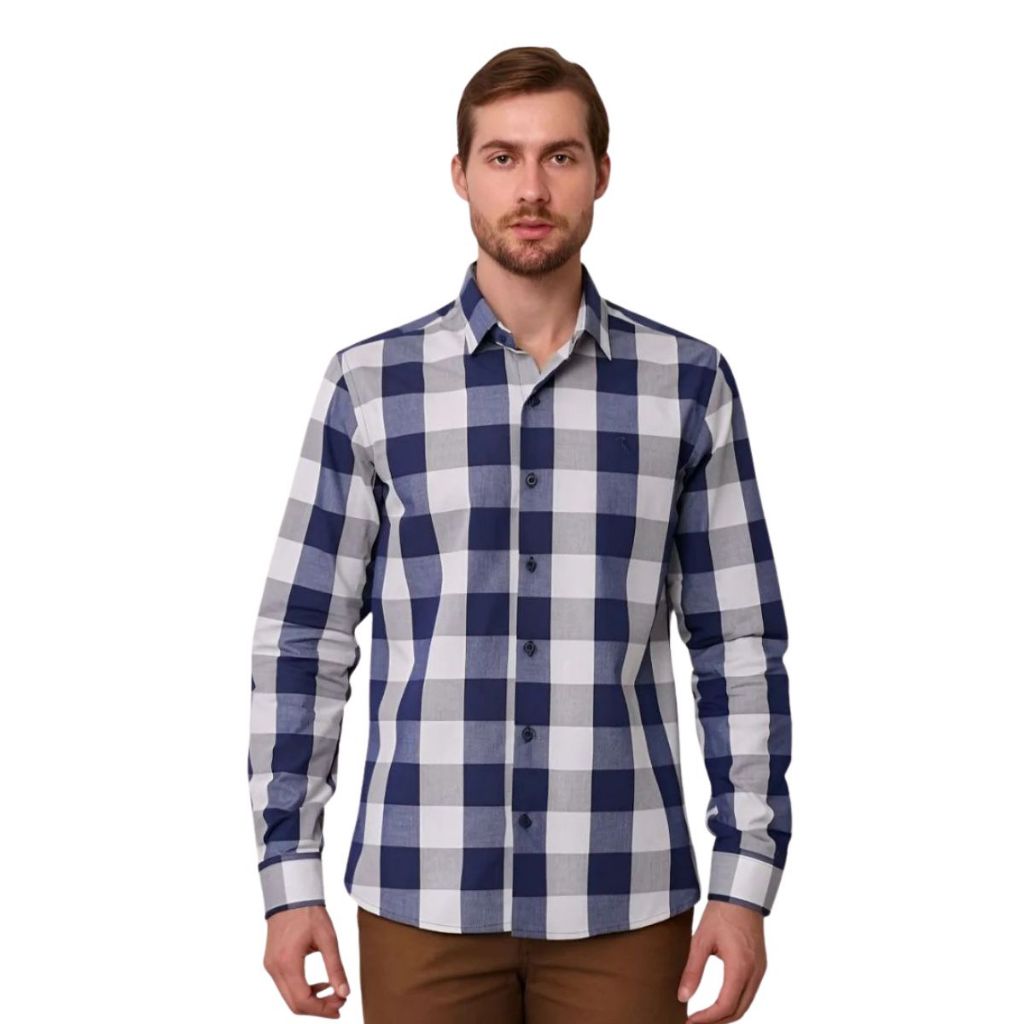 Camisa Social Masculina Xadrez Manga Longa Slim Sem Bolso 100% Algodão