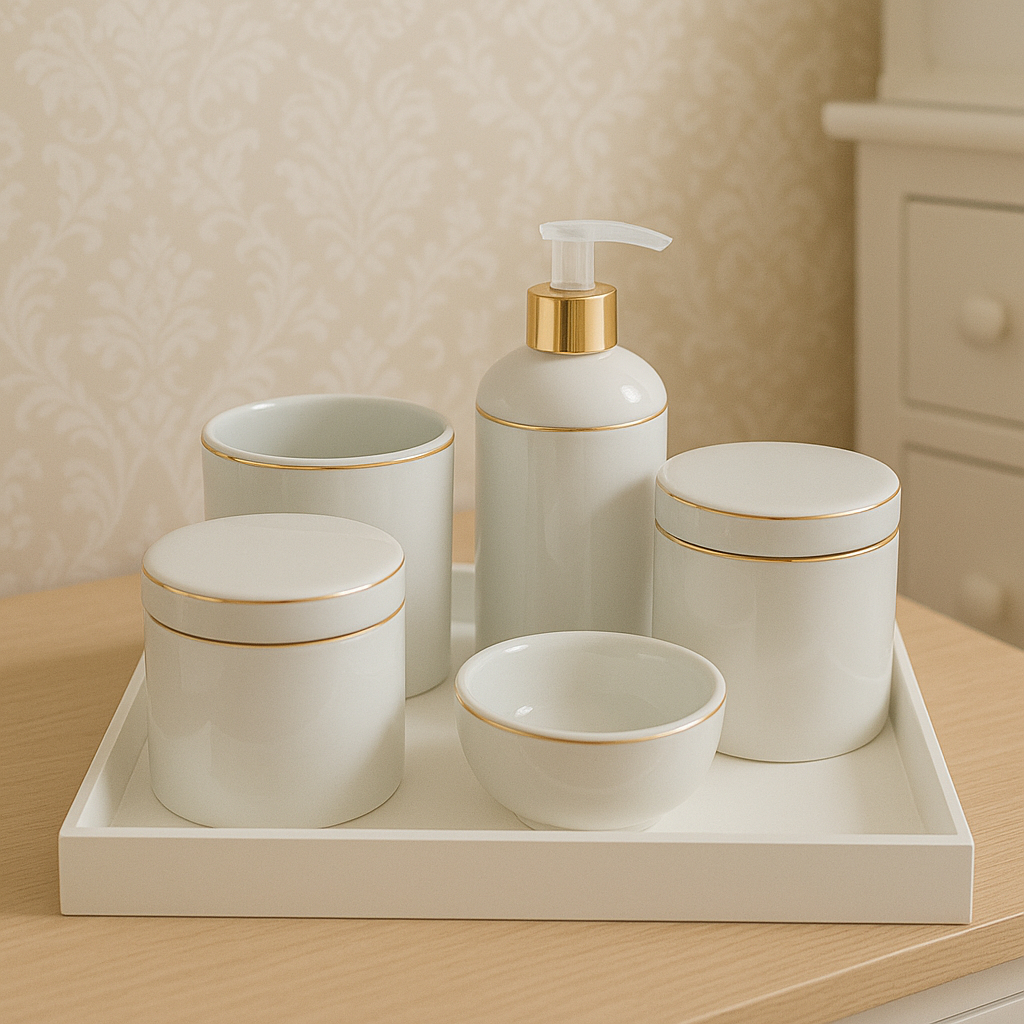 Kit Bebe Porcelana Filete Ouro Bandeja 5Pçs Higiene Delicado — imagem 2 de 2