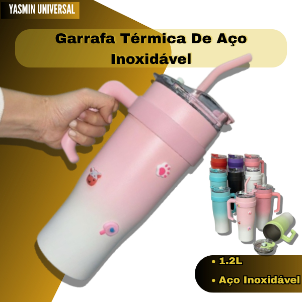Copo/Garrafa Térmica Inox 1200ml/1,2L com Alça e Canudo Grande Capacidade