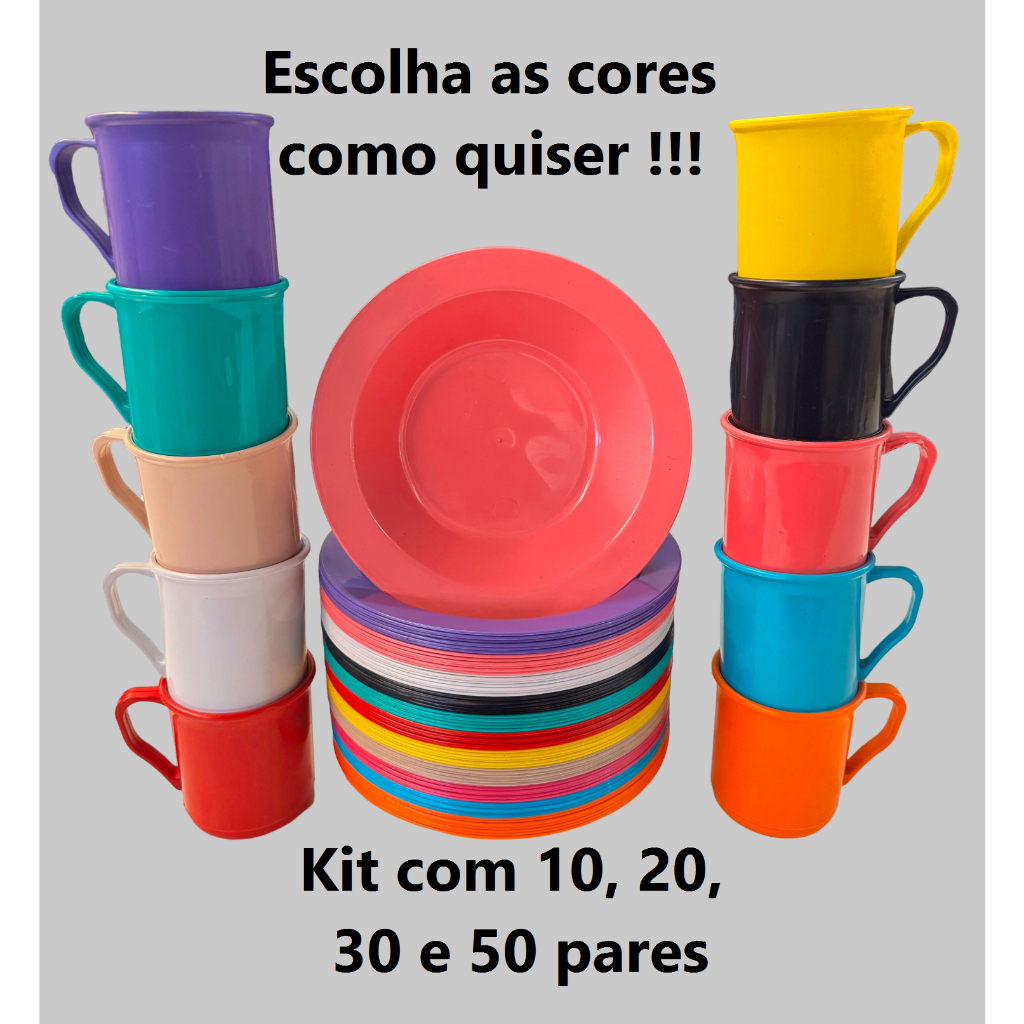 KIt 50 pratos e 50 canecas plastico resistente - Merenda , Festas, Crianças - Escolha como quiser em Oferta na Shopee