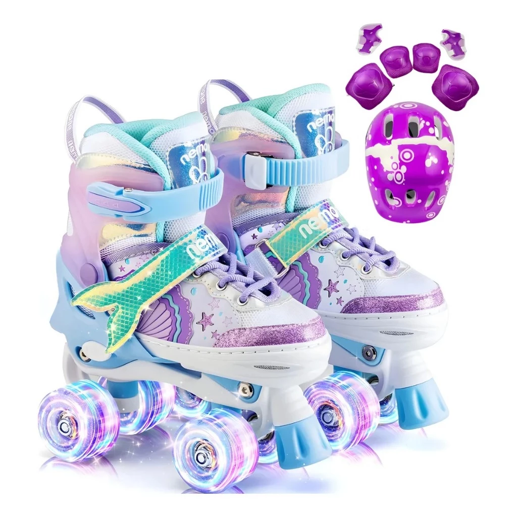 Patins 4 Rodas Infantil Ajustável Arco Íris, Sereia, Dinossauro TODOS c Led nas Rodas e Kit Proteção