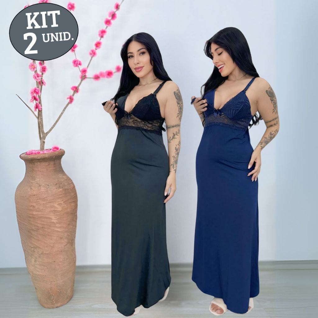KIT 02 Camisolas Amamentação LONGA Luxo com Detalhe em Renda em Microfibra e Abertura em Click. em Oferta na Shopee