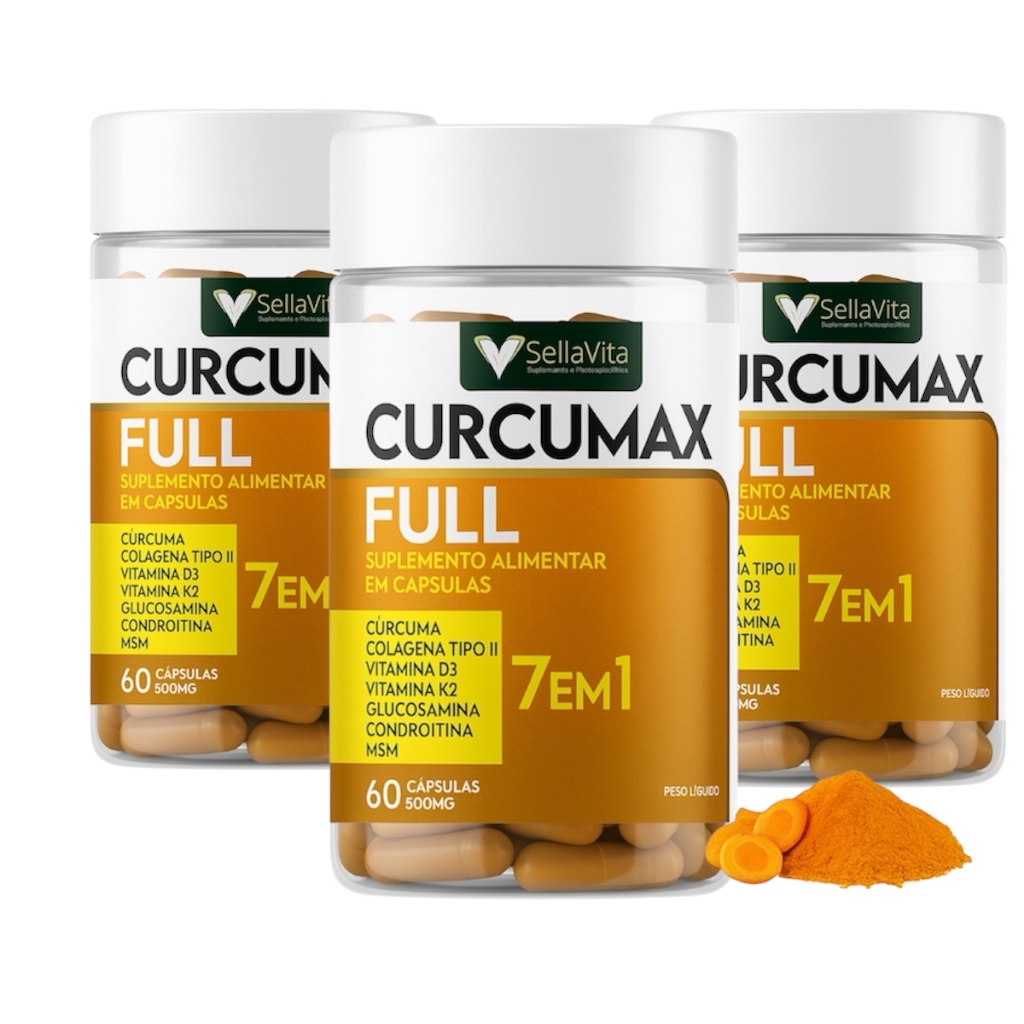Kit 3x CurcuMax Full 7em1 - Cúrcuma + Colágeno Tipo II + Vitamina D3 + k2 + Glucosamina + Condroitina + MSM - SellaVita